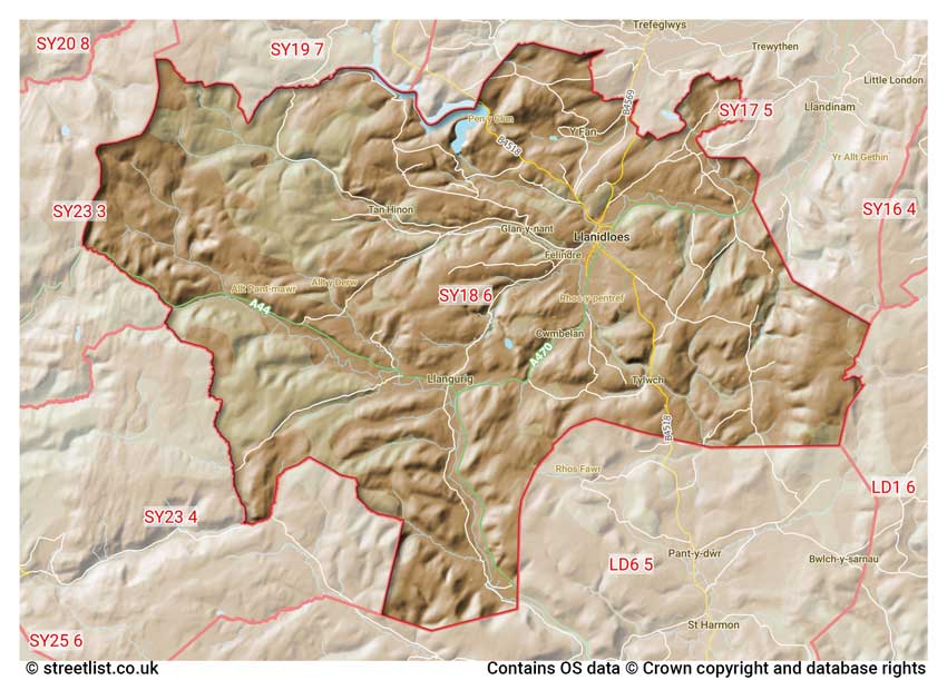 map showing postcode sectors within the SY18 district