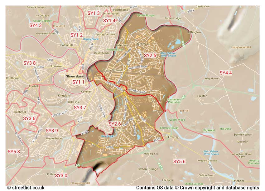 map showing postcode sectors within the SY2 district