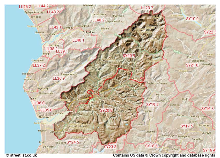 map showing postcode sectors within the SY20 district