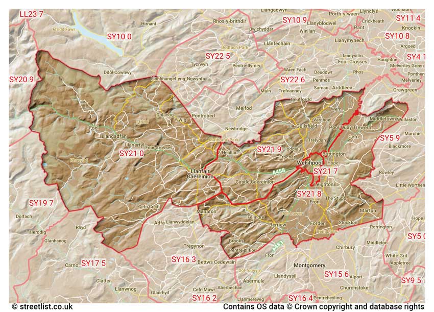 map showing postcode sectors within the SY21 district