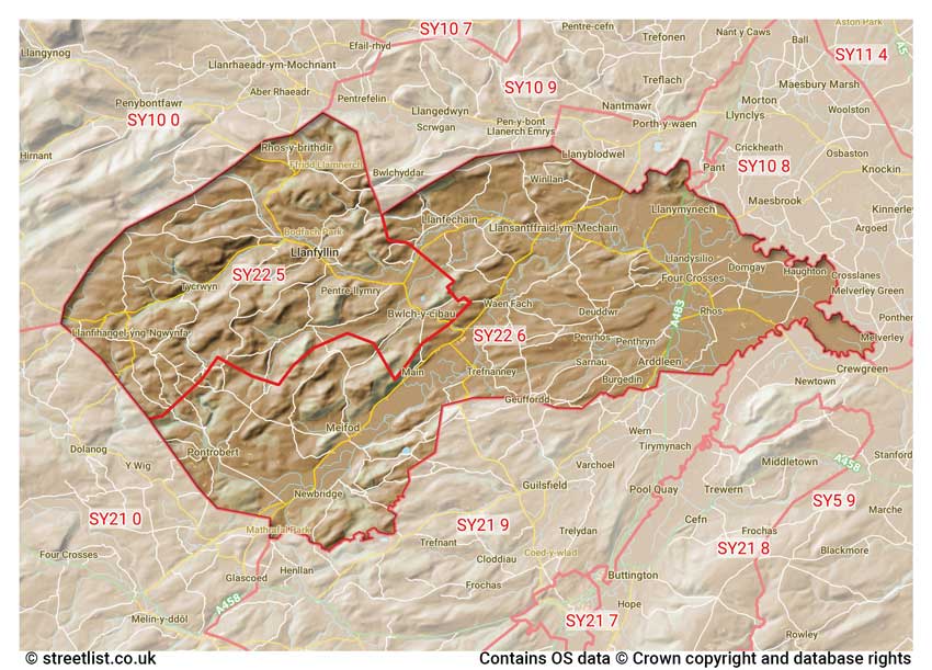 map showing postcode sectors within the SY22 district