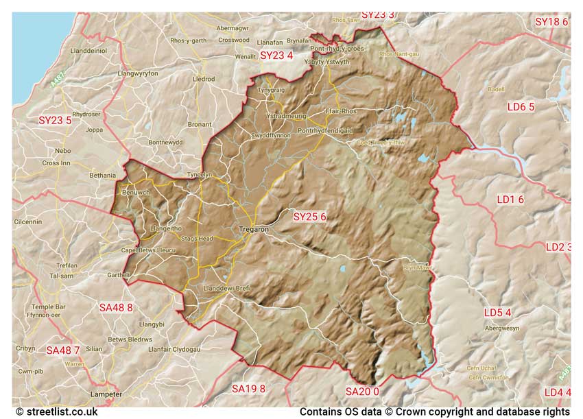 map showing postcode sectors within the SY25 district