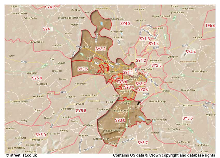 map showing postcode sectors within the SY3 district