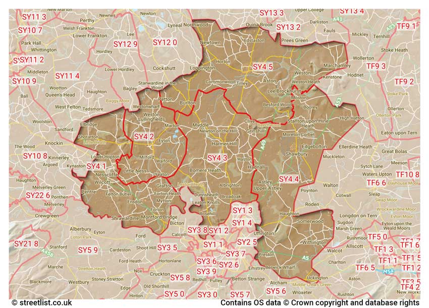 map showing postcode sectors within the SY4 district