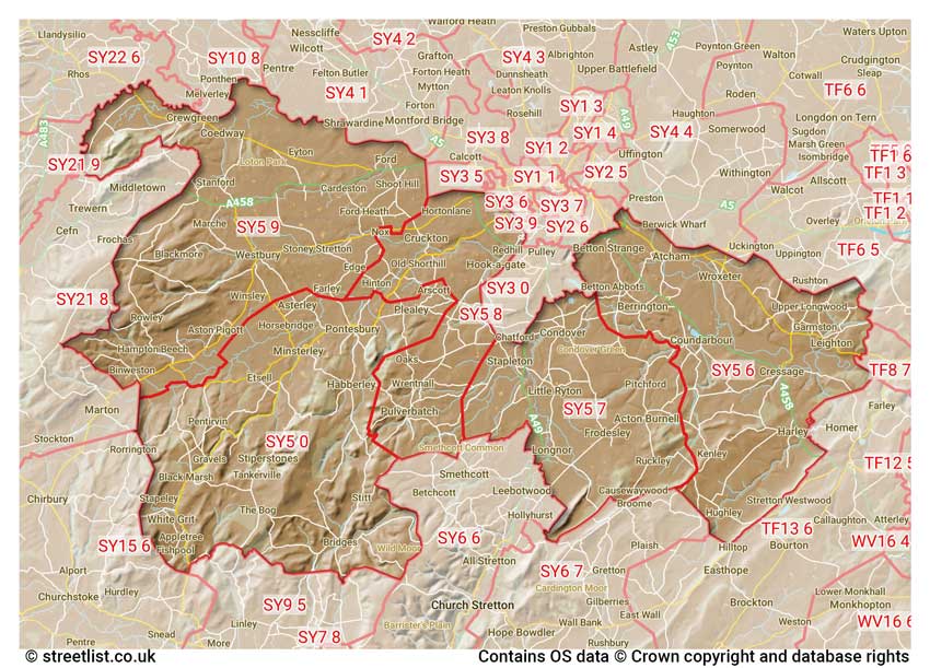 map showing postcode sectors within the SY5 district