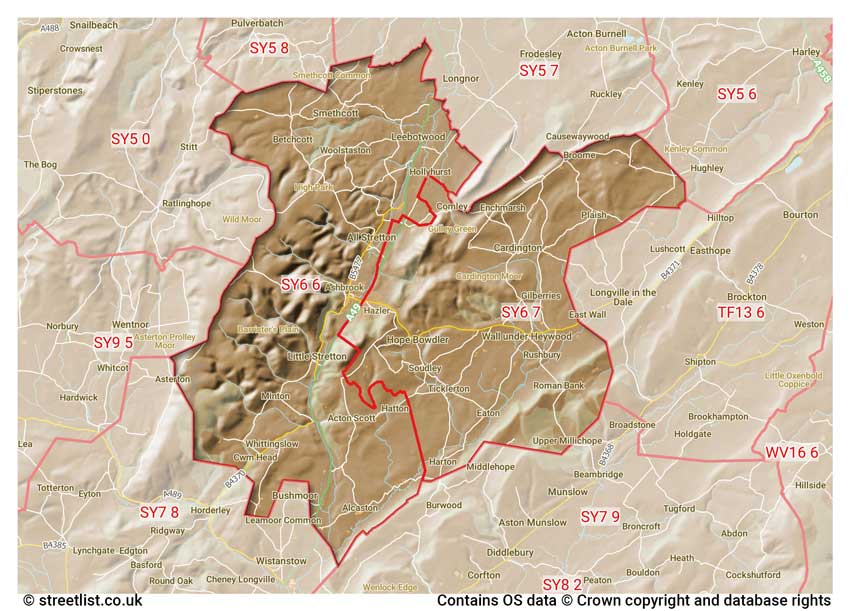 map showing postcode sectors within the SY6 district