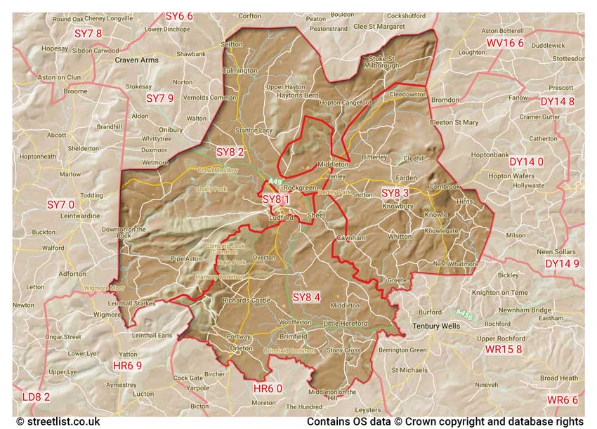 map showing postcode sectors within the SY8 district