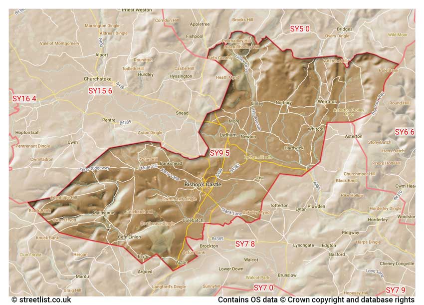 map showing postcode sectors within the SY9 district