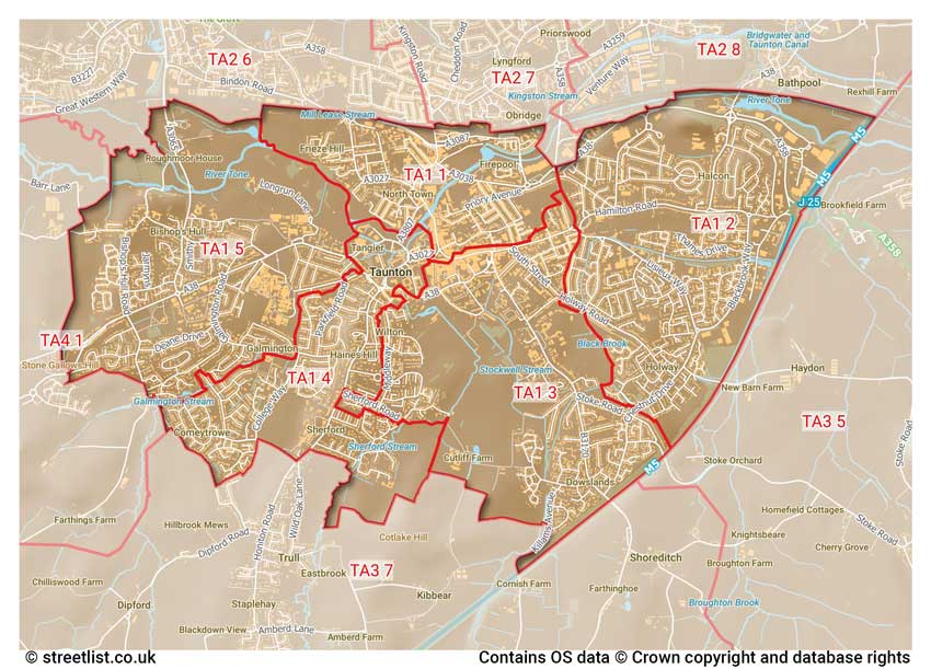 map showing postcode sectors within the TA1 district