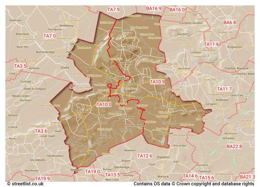 map showing postcode sectors within the TA10 district