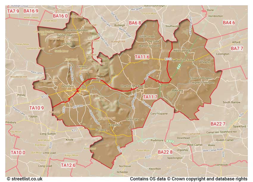 map showing postcode sectors within the TA11 district