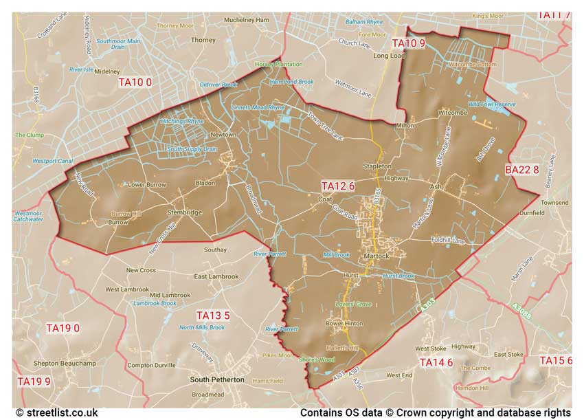 map showing postcode sectors within the TA12 district