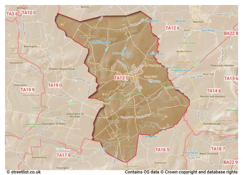 map showing postcode sectors within the TA13 district