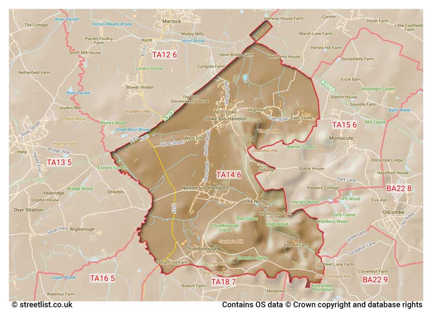 map showing postcode sectors within the TA14 district