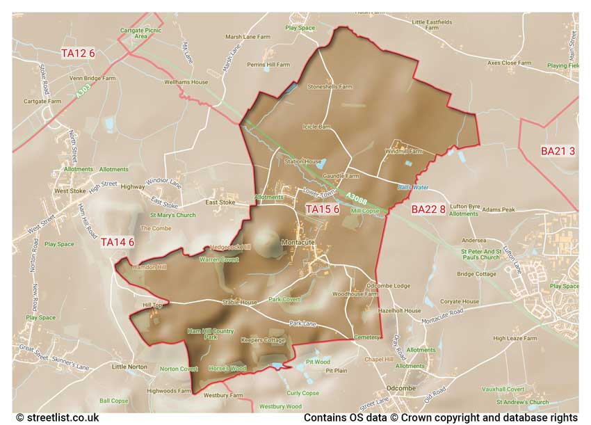 map showing postcode sectors within the TA15 district