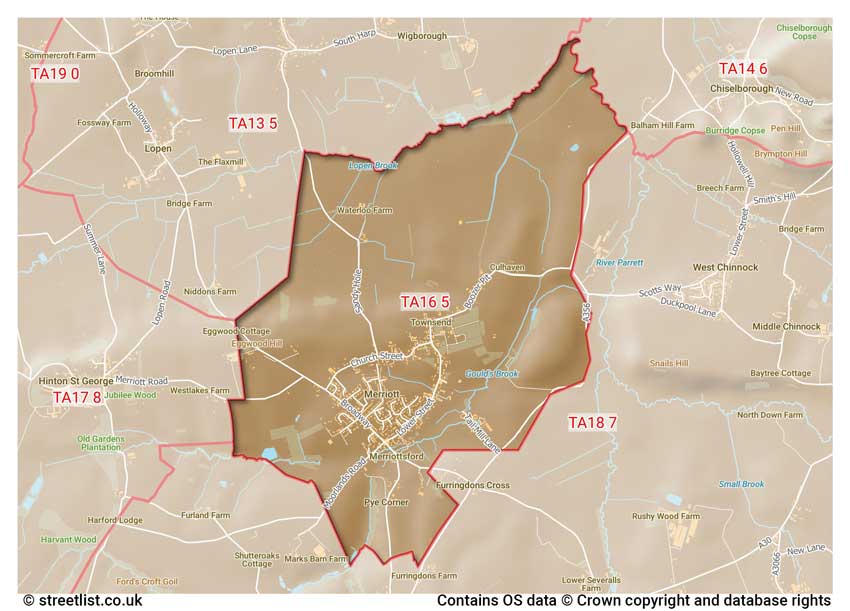 map showing postcode sectors within the TA16 district