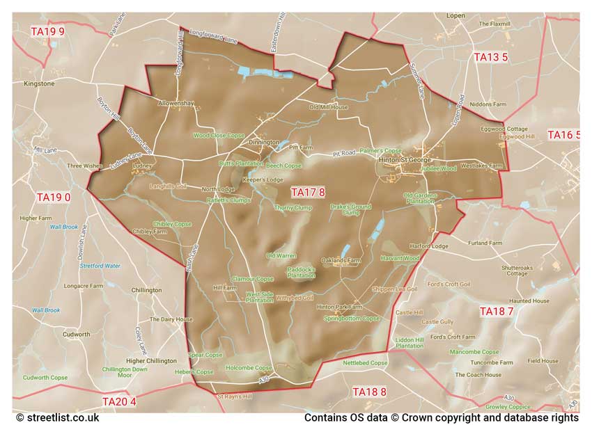 map showing postcode sectors within the TA17 district