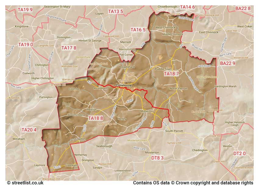 map showing postcode sectors within the TA18 district