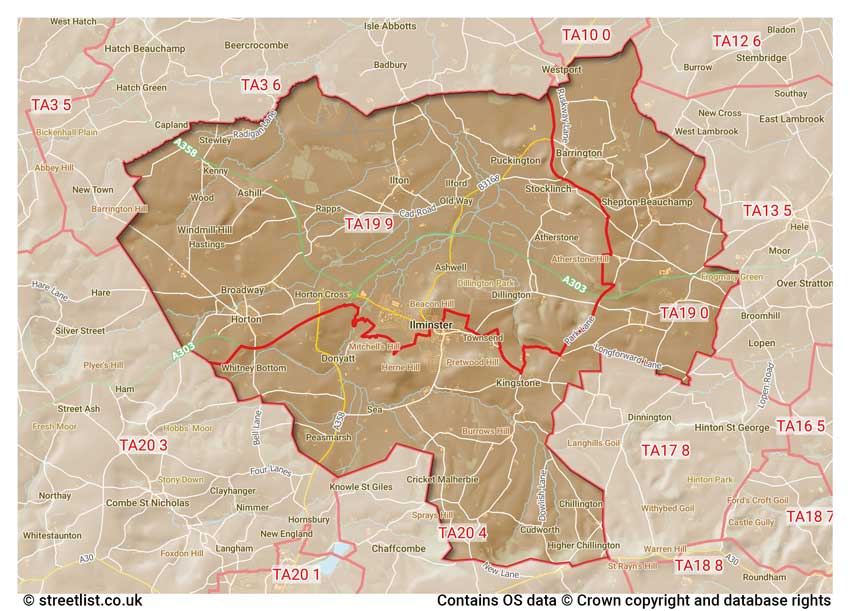 map showing postcode sectors within the TA19 district