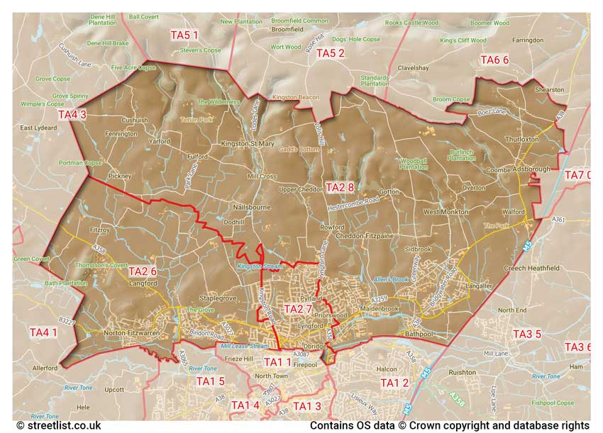 map showing postcode sectors within the TA2 district