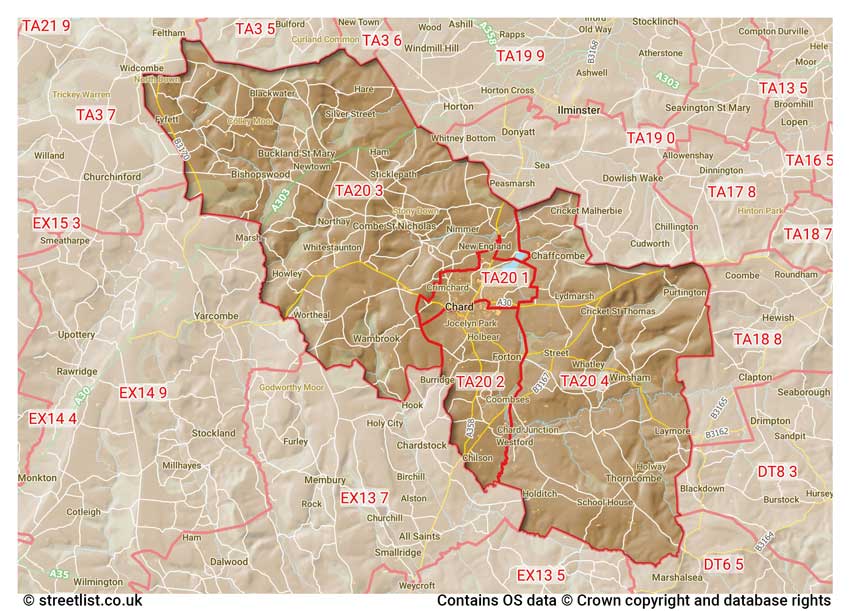 map showing postcode sectors within the TA20 district