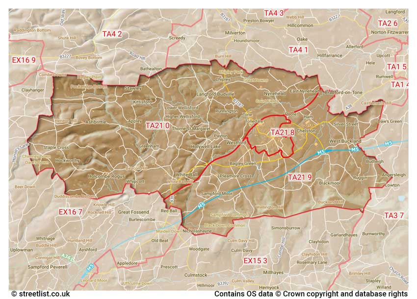 map showing postcode sectors within the TA21 district