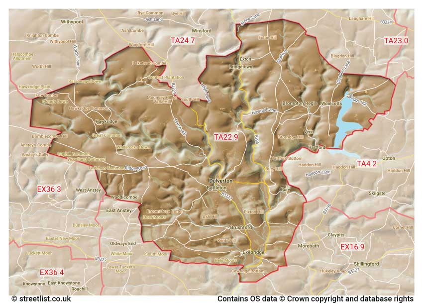 map showing postcode sectors within the TA22 district