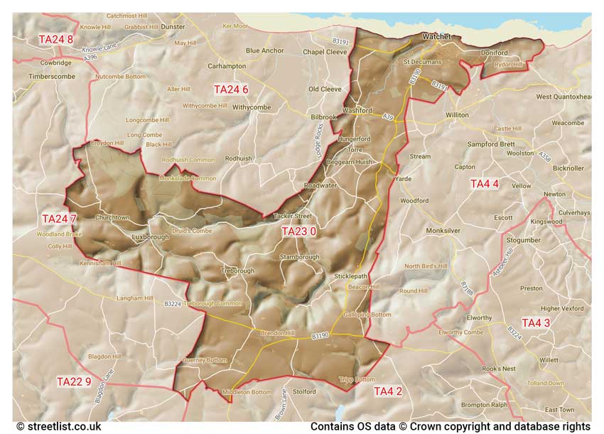 map showing postcode sectors within the TA23 district