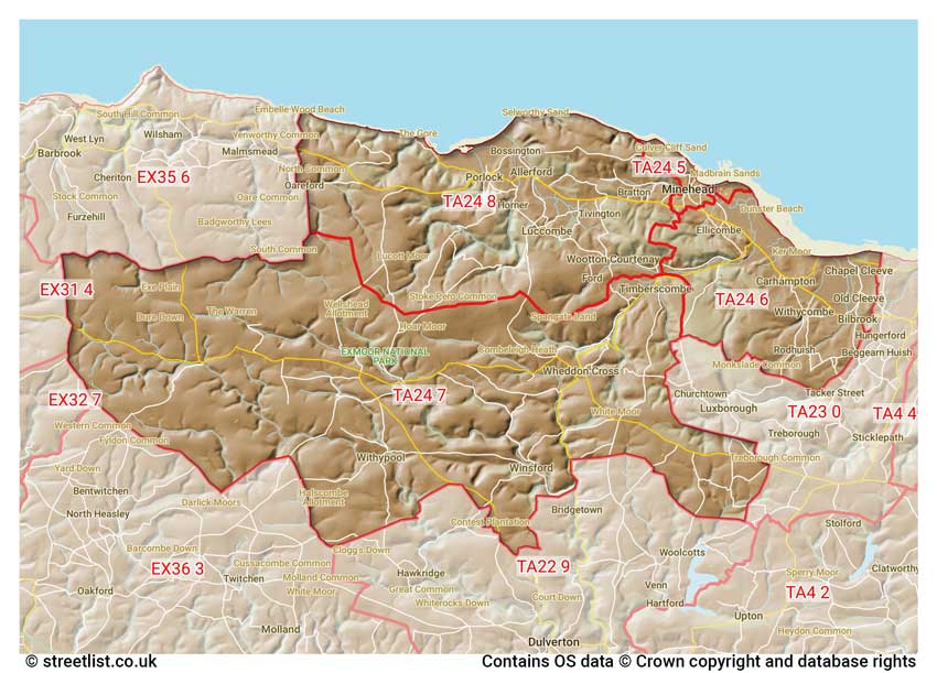 map showing postcode sectors within the TA24 district