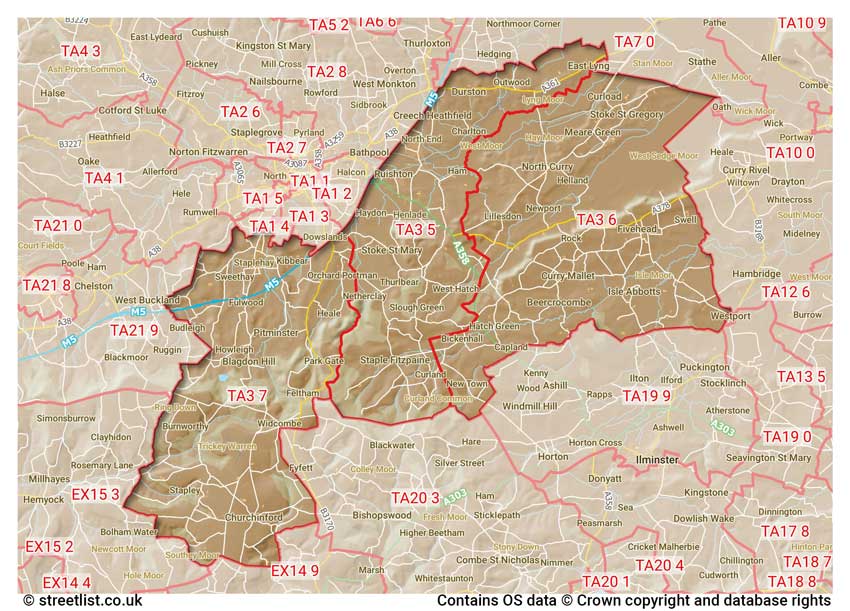 map showing postcode sectors within the TA3 district