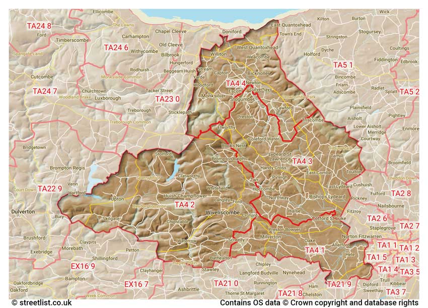 map showing postcode sectors within the TA4 district