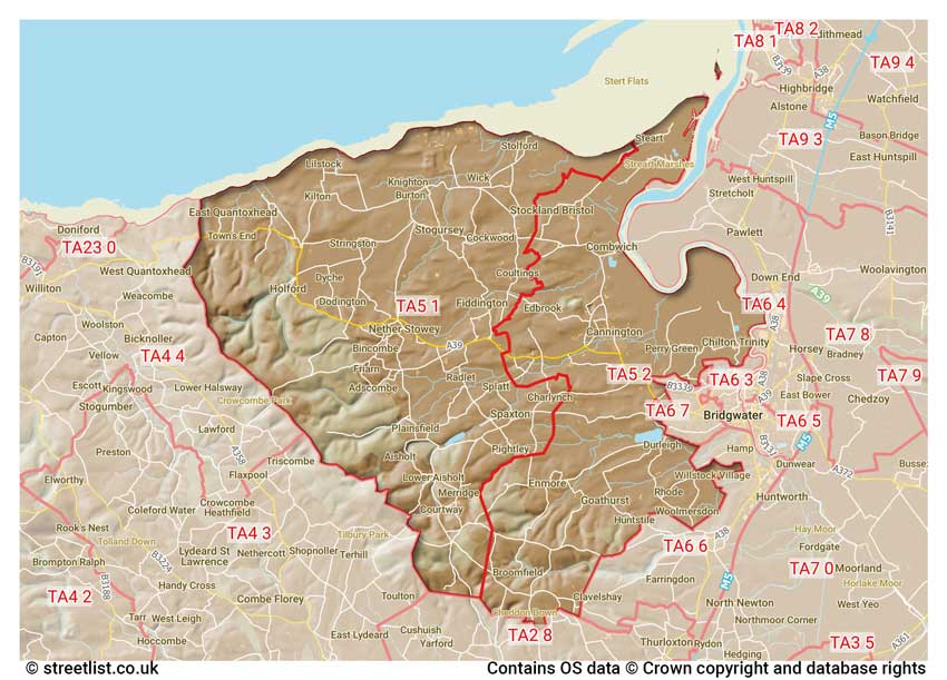 map showing postcode sectors within the TA5 district