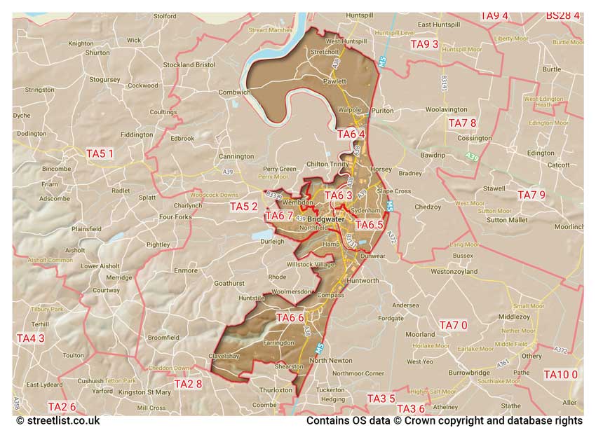 map showing postcode sectors within the TA6 district