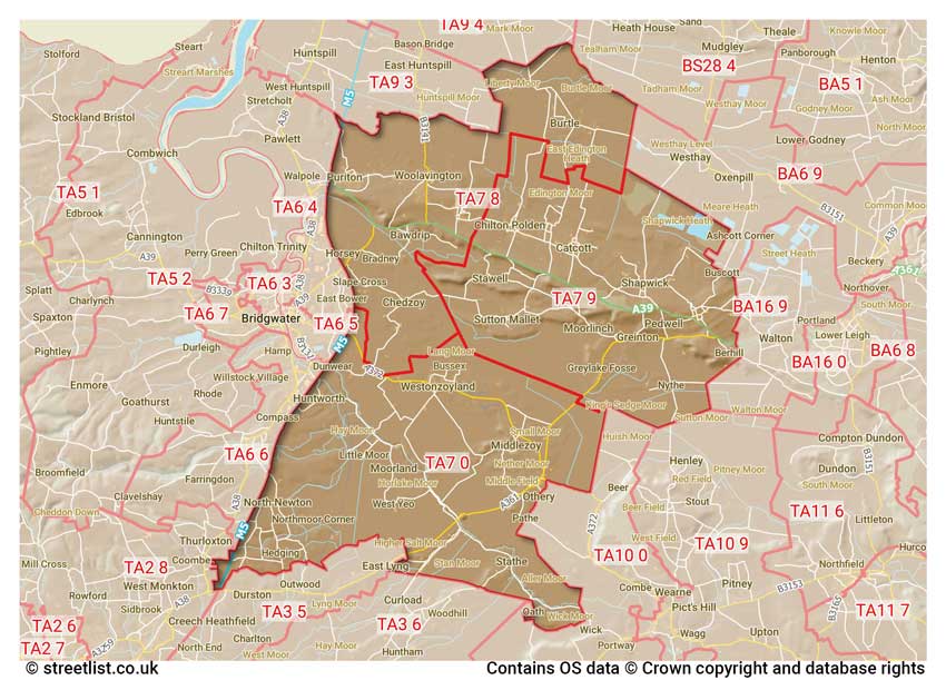 map showing postcode sectors within the TA7 district