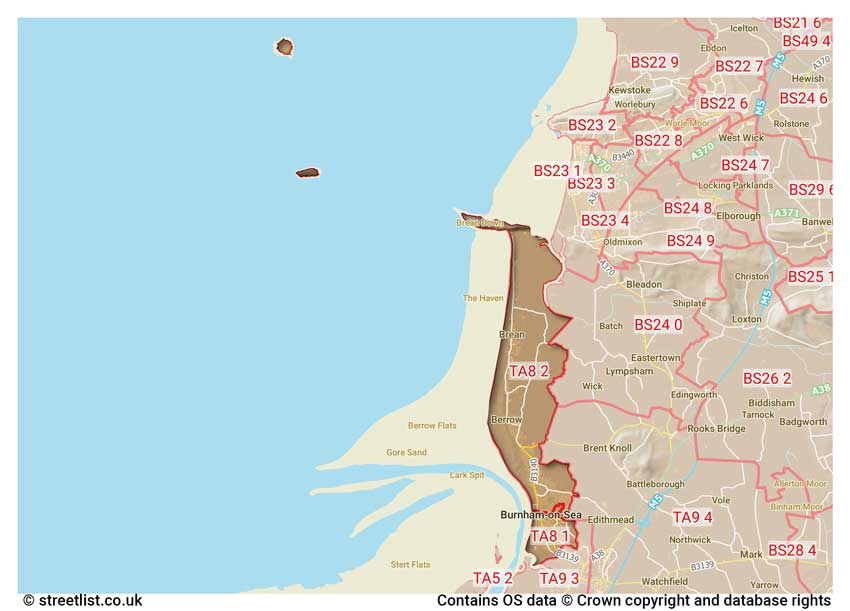 map showing postcode sectors within the TA8 district