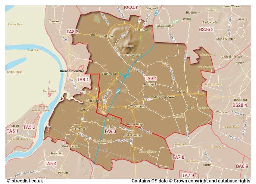 map showing postcode sectors within the TA9 district