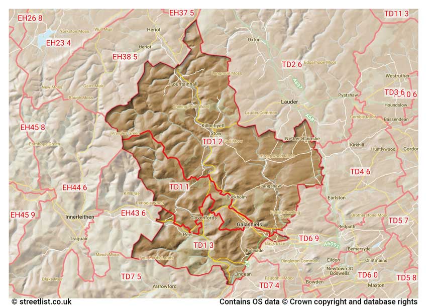 map showing postcode sectors within the TD1 district