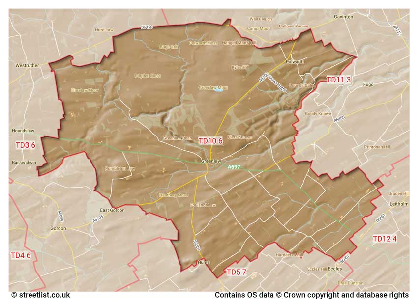 map showing postcode sectors within the TD10 district