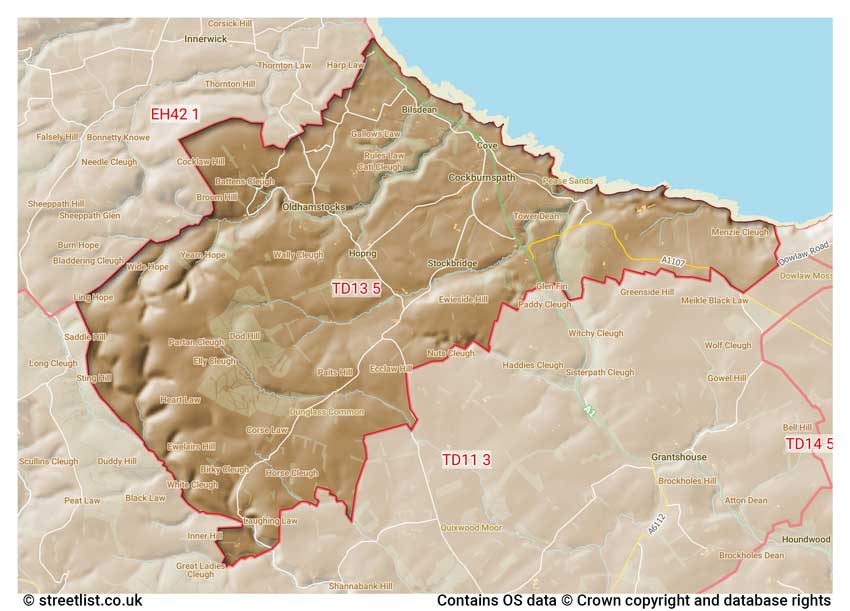 map showing postcode sectors within the TD13 district