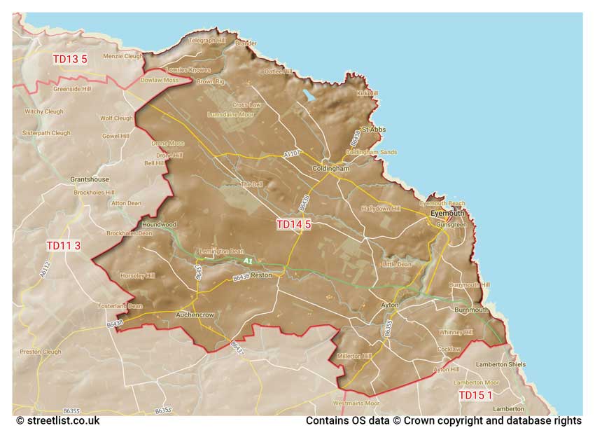 map showing postcode sectors within the TD14 district