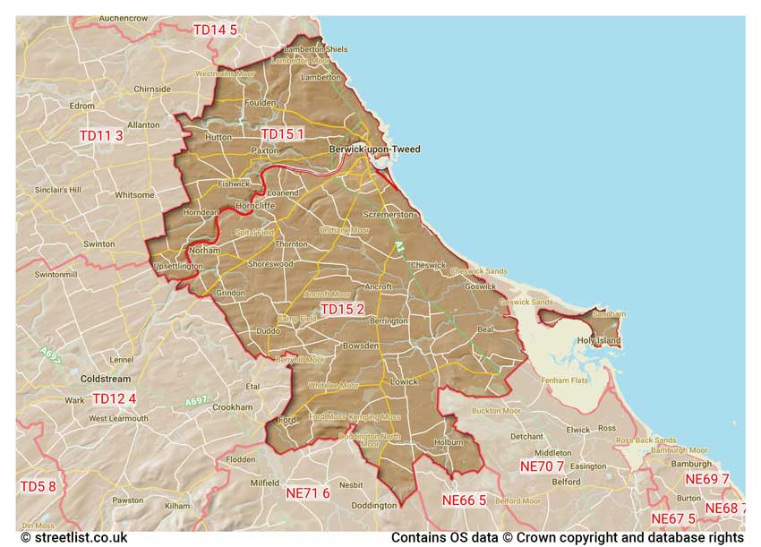 map showing postcode sectors within the TD15 district