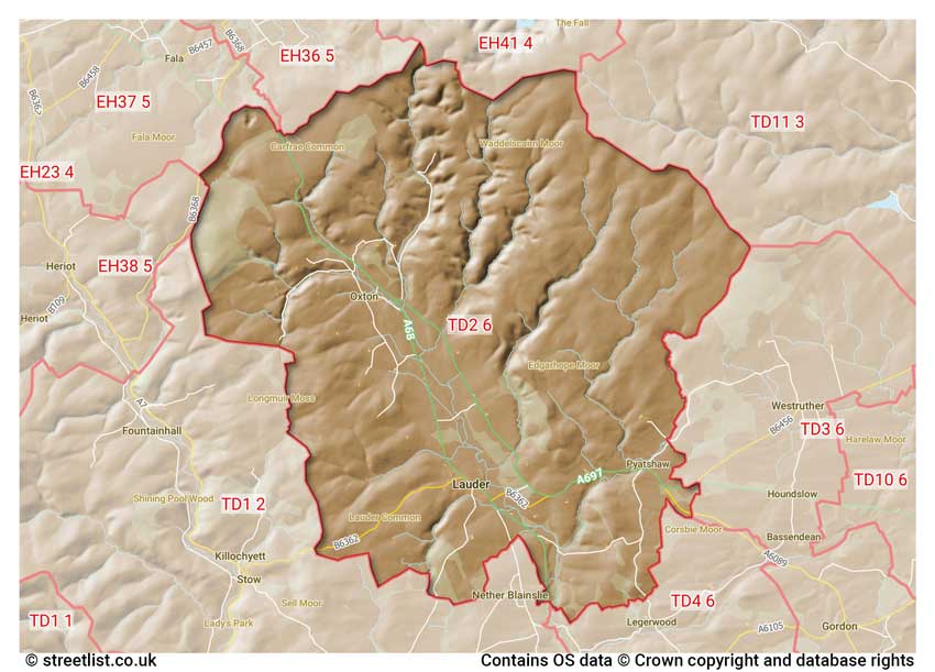 map showing postcode sectors within the TD2 district