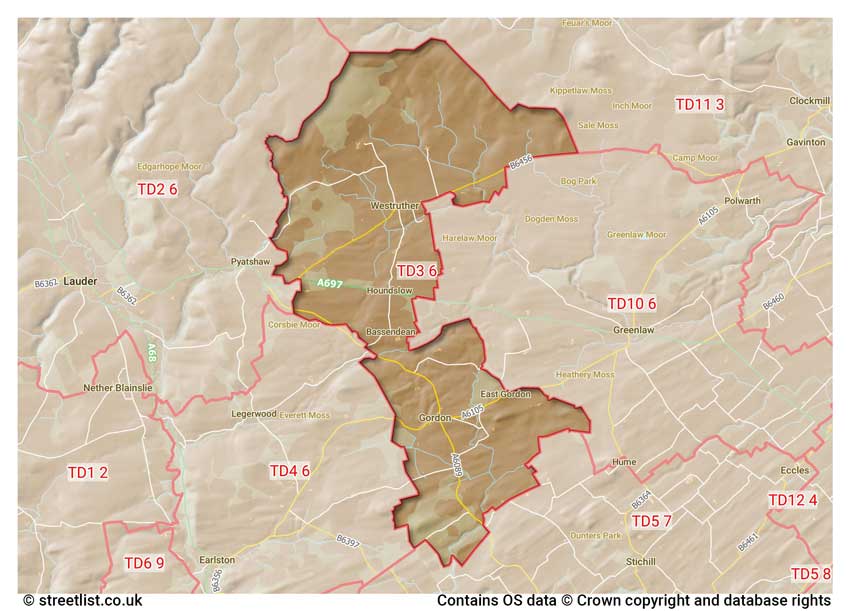 map showing postcode sectors within the TD3 district