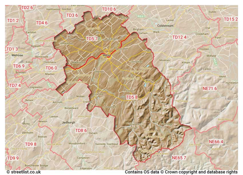 map showing postcode sectors within the TD5 district