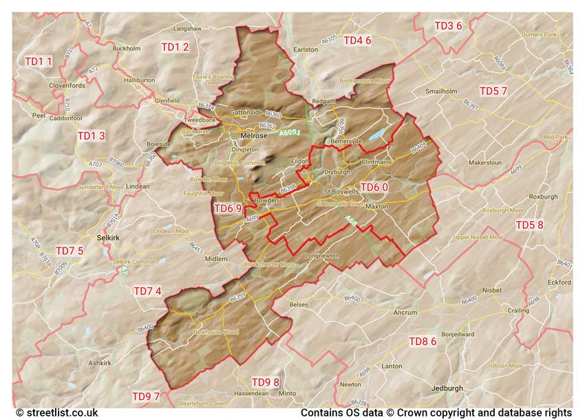 map showing postcode sectors within the TD6 district