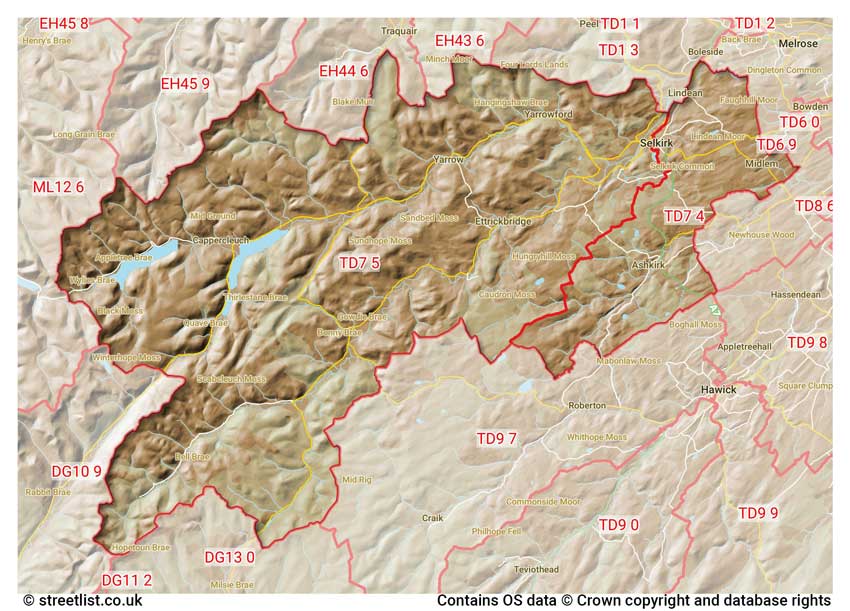 map showing postcode sectors within the TD7 district