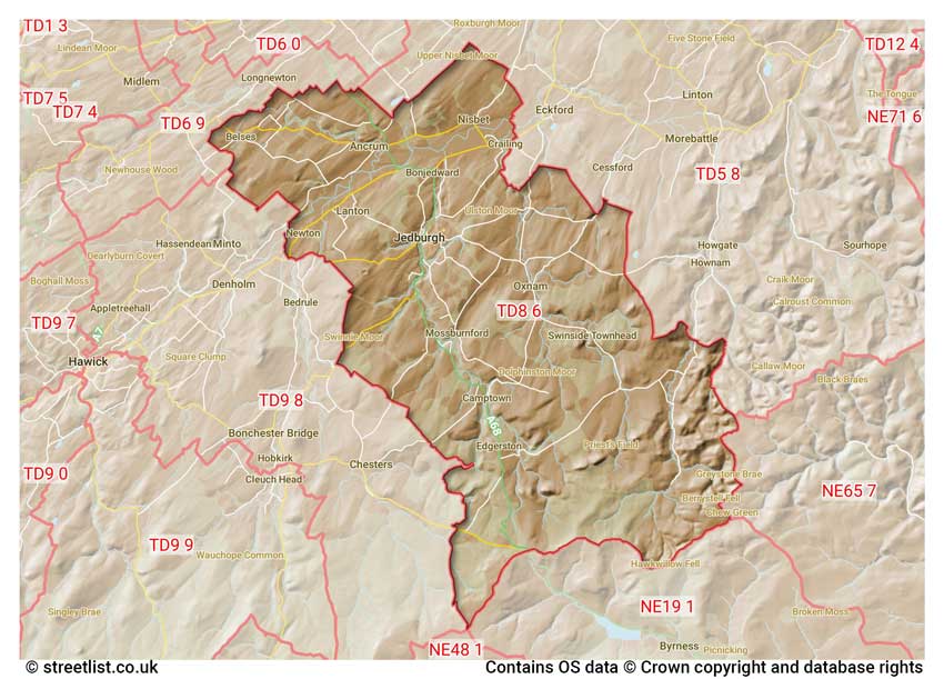 map showing postcode sectors within the TD8 district