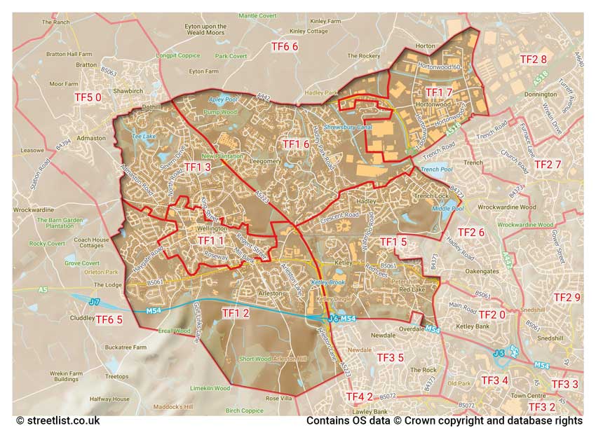 map showing postcode sectors within the TF1 district