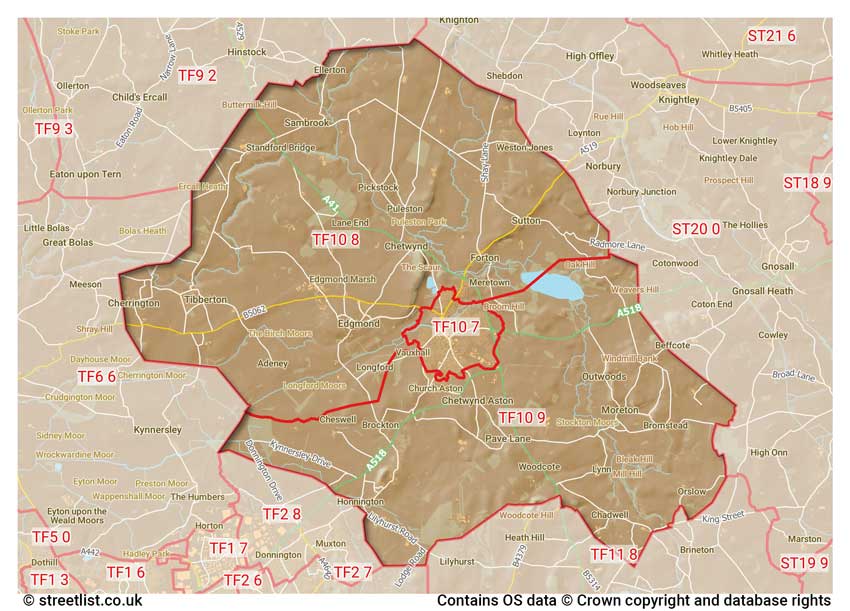 map showing postcode sectors within the TF10 district