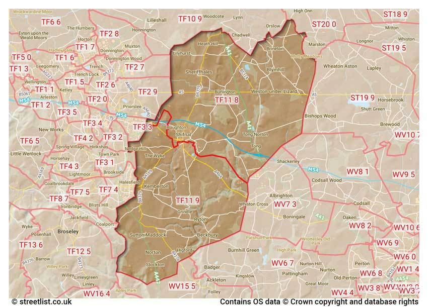 map showing postcode sectors within the TF11 district